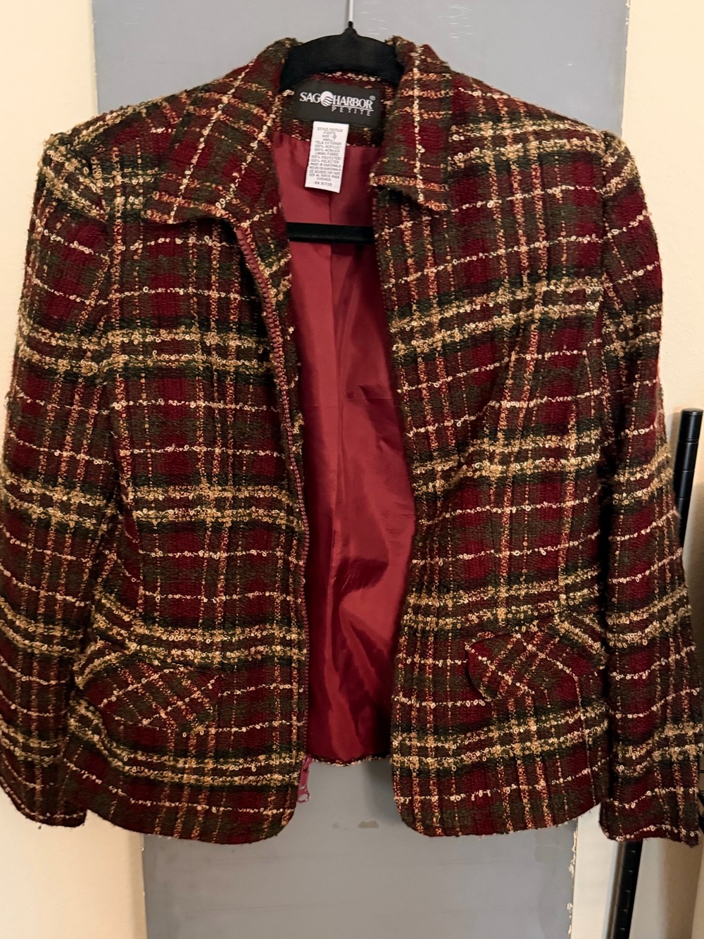 Vintage Plaid Tweed Sag Harbor Burgundy & Gold Blazer